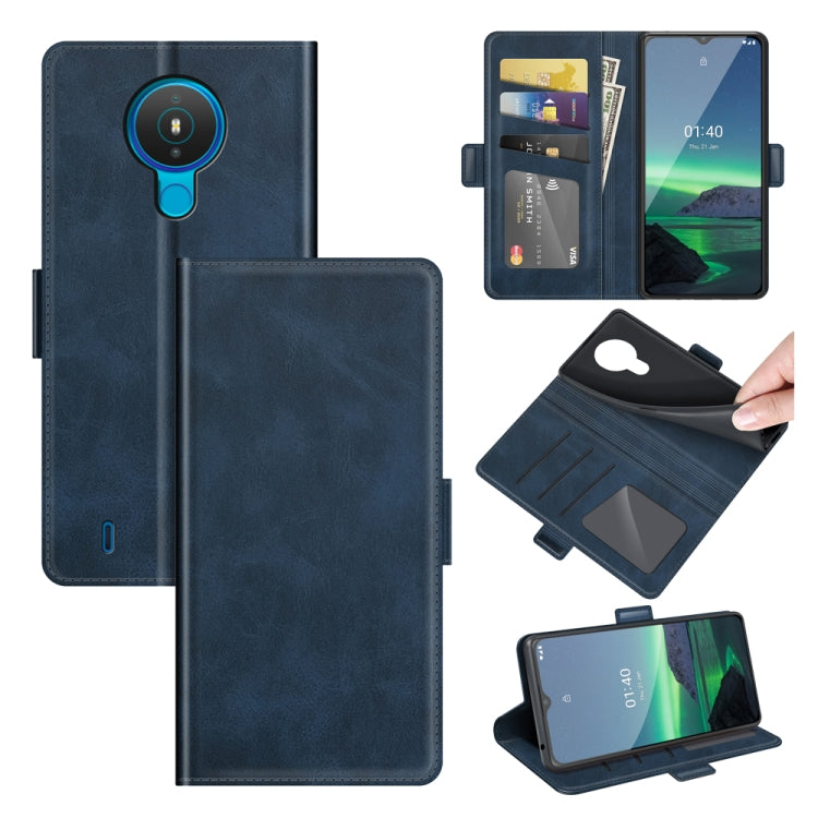Dark blue flip leather phone case with magnetic buckle, card slots, and wallet cover.