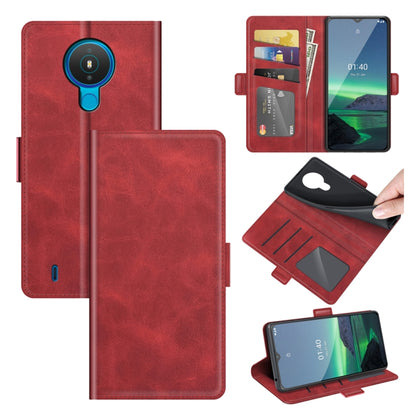 Red flip leather phone case with magnetic buckle, card slots, and wallet cover.