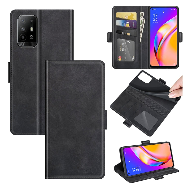 Black flip leather phone case with magnetic buckle, card slots, and stand