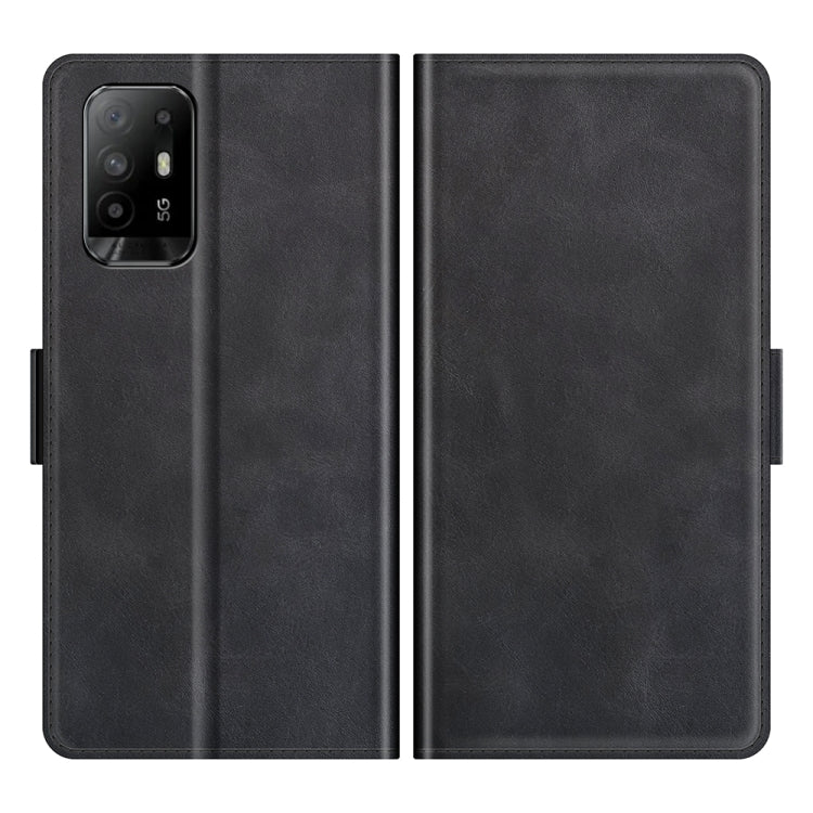 Black flip leather phone case, front and back views, with side magnetic closure