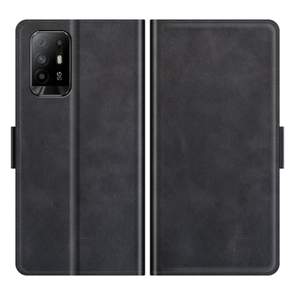 Black flip leather phone case, front and back views, with side magnetic closure