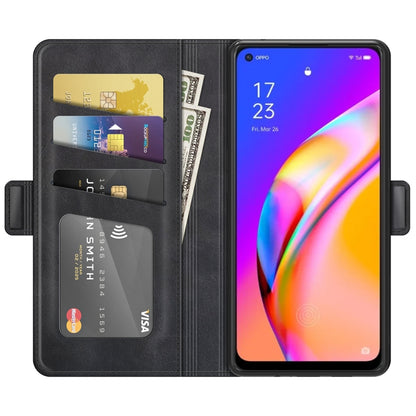 Black wallet flip phone case with card slots and magnetic closure holding phone