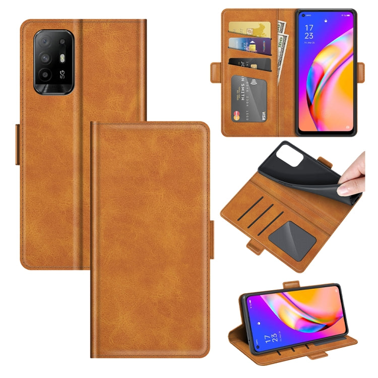 Tan flip leather phone case with magnetic buckle, card slots, and stand holder