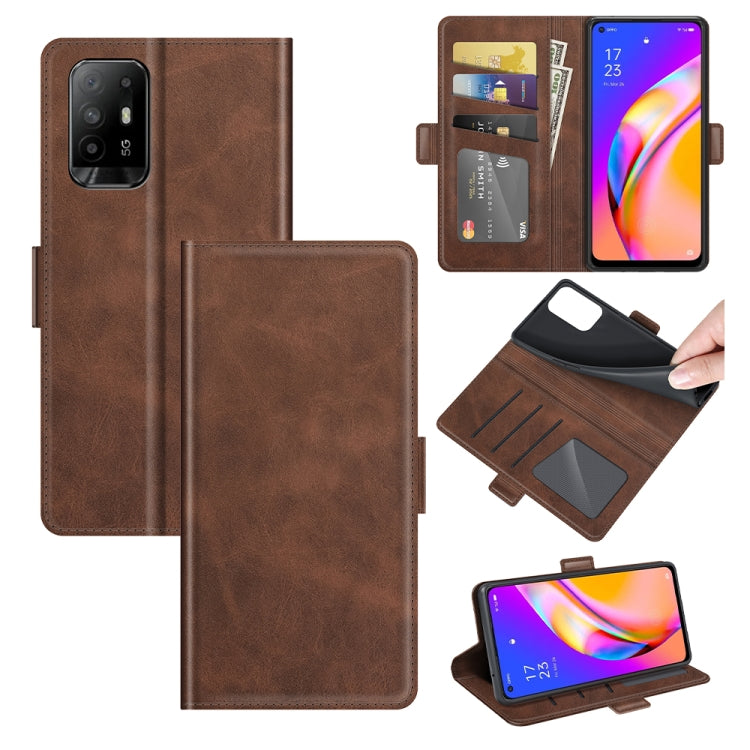 Brown flip leather phone case with magnetic buckle, card slots, and viewing stand