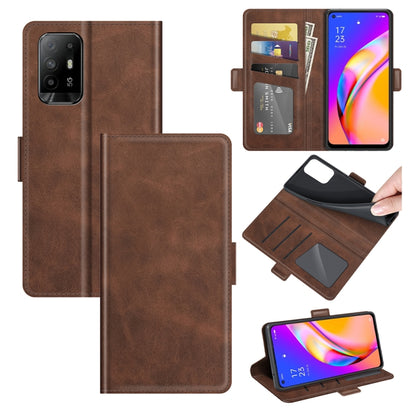 Brown flip leather phone case with magnetic buckle, card slots, and viewing stand
