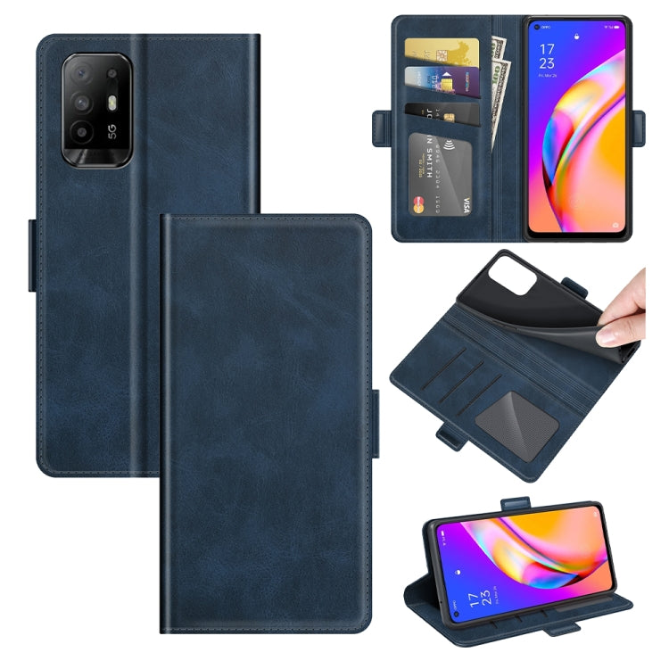 Dark blue flip leather phone case with magnetic buckle, card slots, and stand holder