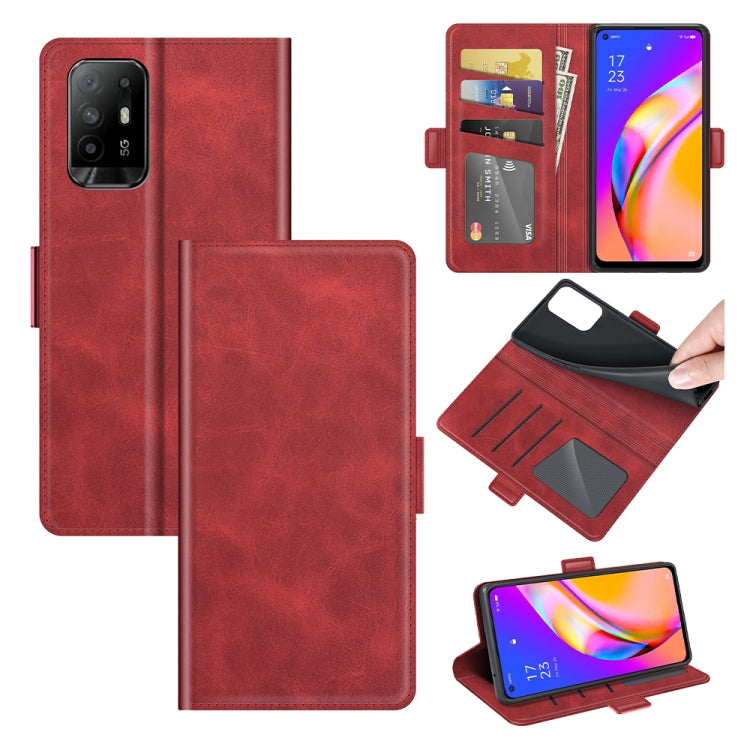 Red flip leather phone case with magnetic buckle, card slots, and stand holder