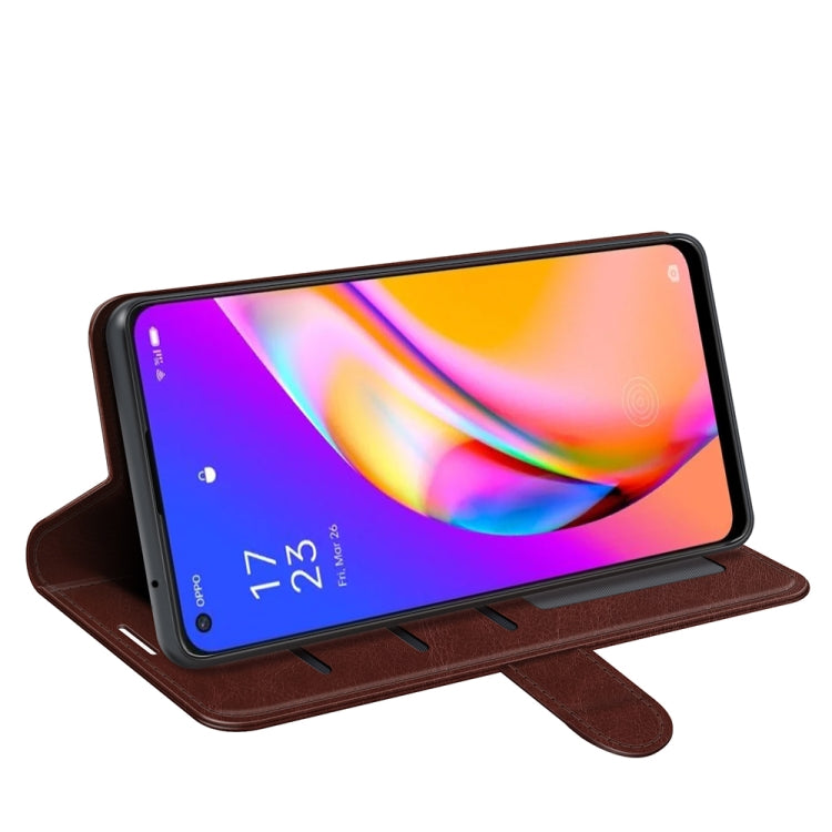Brown flip phone case folded into horizontal viewing stand with secure strap