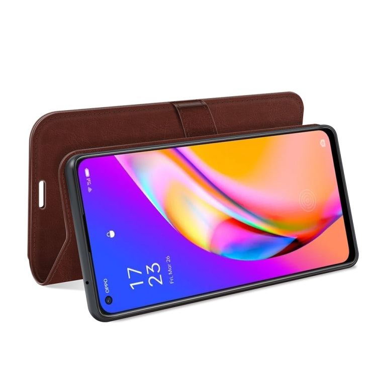 Brown flip wallet phone case in landscape stand position for hands-free viewing