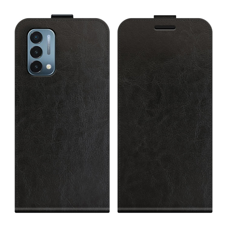 Black vertical flip leather phone case, front and back views