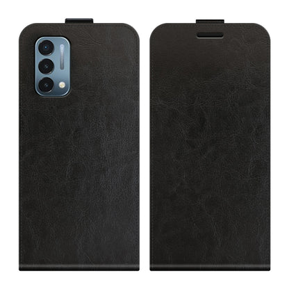Black vertical flip leather phone case, front and back views