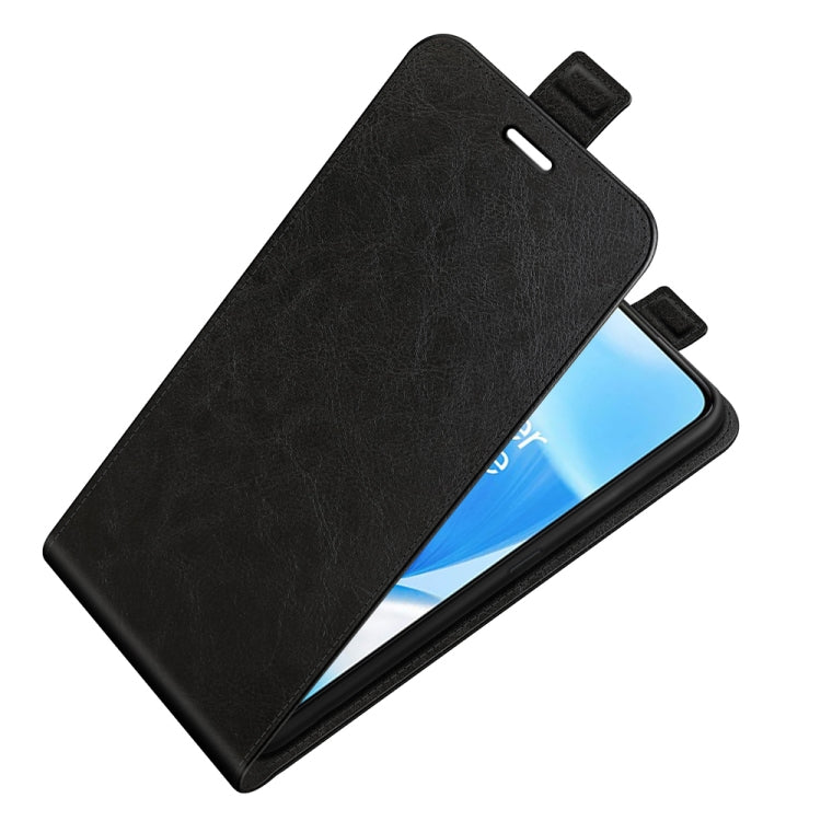 Black flip phone case with card slot and side openings, phone partially visible