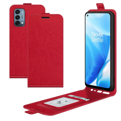 Red wallet-style flip phone case with card slots and built-in photo frame