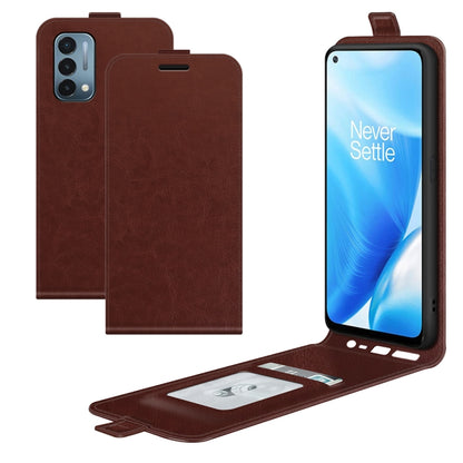 Brown wallet-style flip phone case with card slots and built-in photo frame