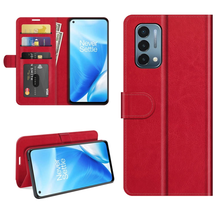 Red textured flip wallet phone case with card slots and camera cutout