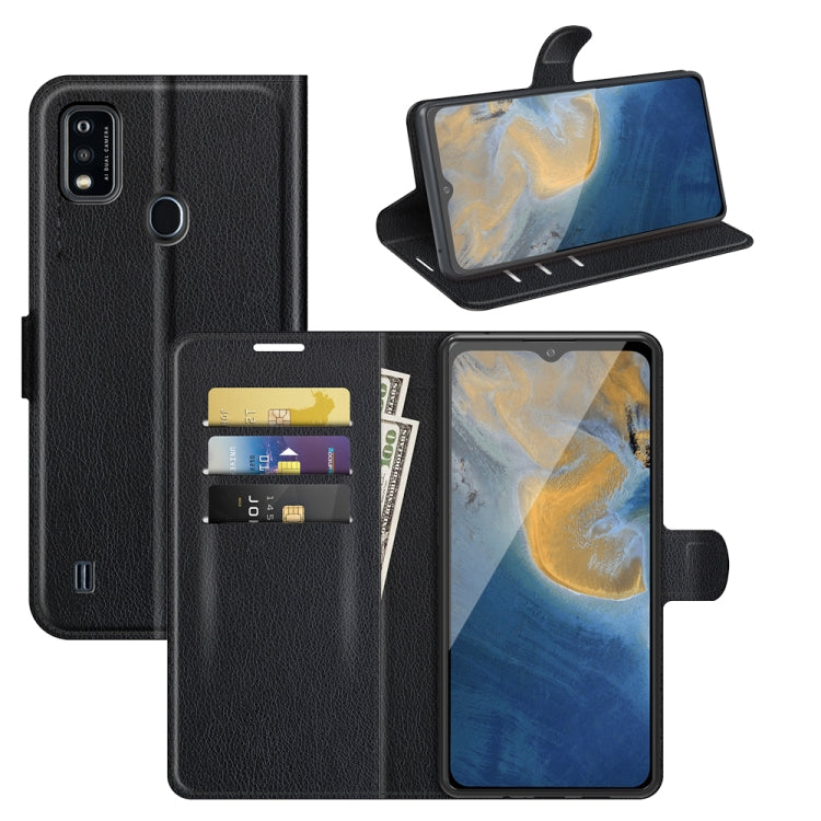 Black litchi-texture flip wallet case with card slots for ZTE Blade A51 phone