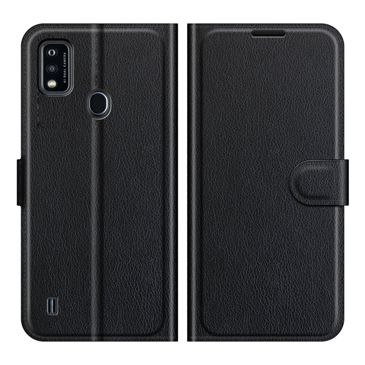 Black litchi-texture flip wallet case with side strap for ZTE Blade A51