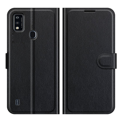 Black litchi-texture flip wallet case with side strap for ZTE Blade A51