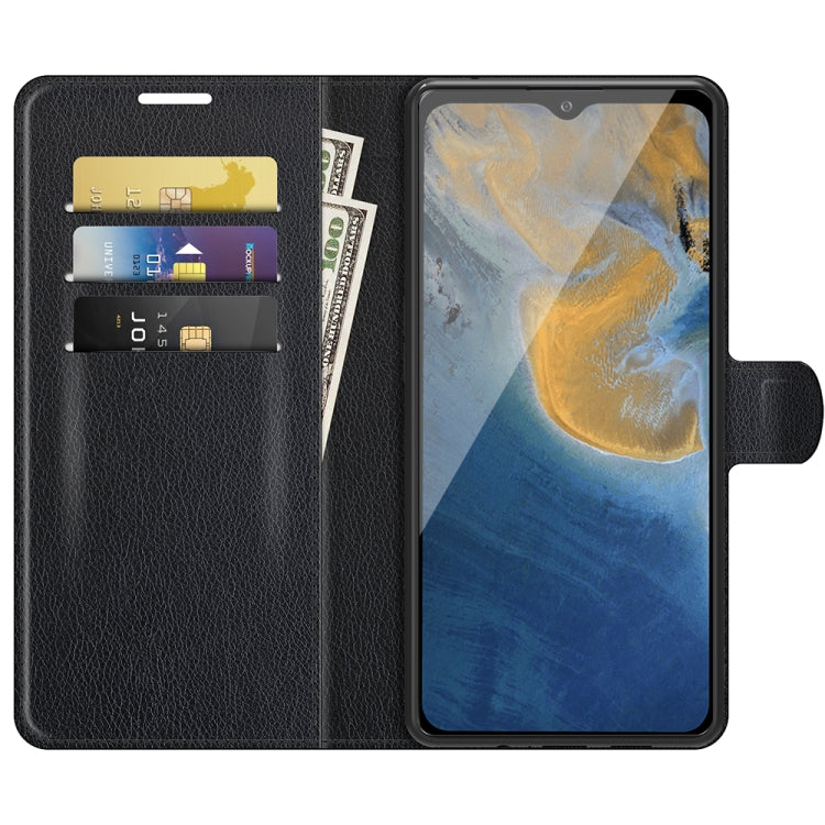 Black litchi-texture flip wallet case with multiple card slots for ZTE Blade A51