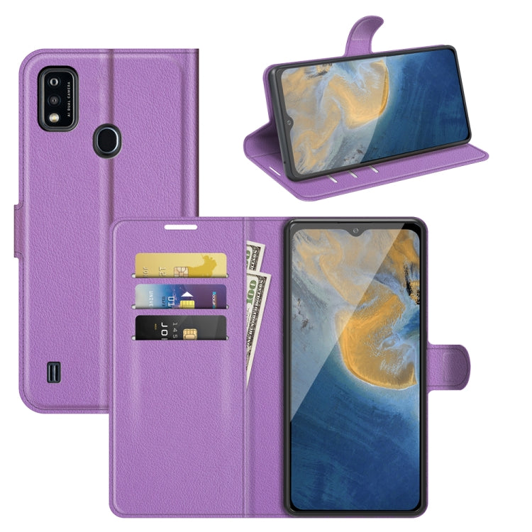 Purple litchi-texture flip wallet case with card slots for ZTE Blade A51 phone