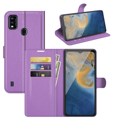 Purple litchi-texture flip wallet case with card slots for ZTE Blade A51 phone