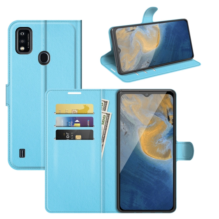 Light blue litchi flip phone case with card slots, stand, and holder