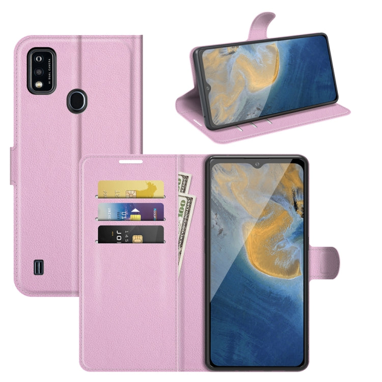 Pink litchi flip phone case with card slots, stand, and holder