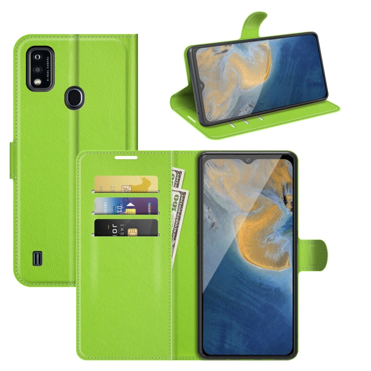 Green litchi flip phone case with card slots and built-in stand