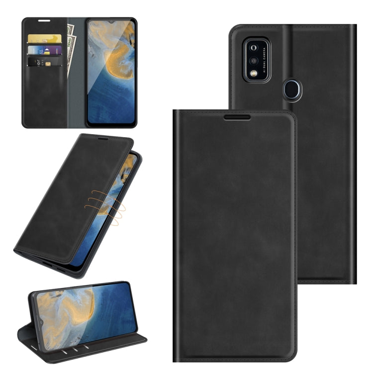 Black leather wallet phone case with magnetic closure, card slots, and stand holder
