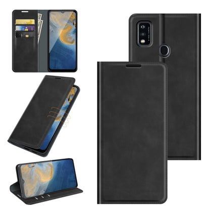 Black leather wallet phone case with magnetic closure, card slots, and stand holder