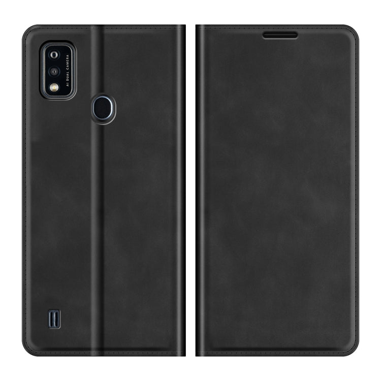 Black leather phone case, rear camera cutout and front flip cover
