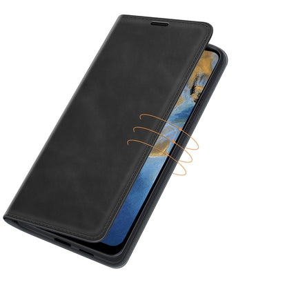 Black leather wallet case with slim side slot and magnetic closure flap