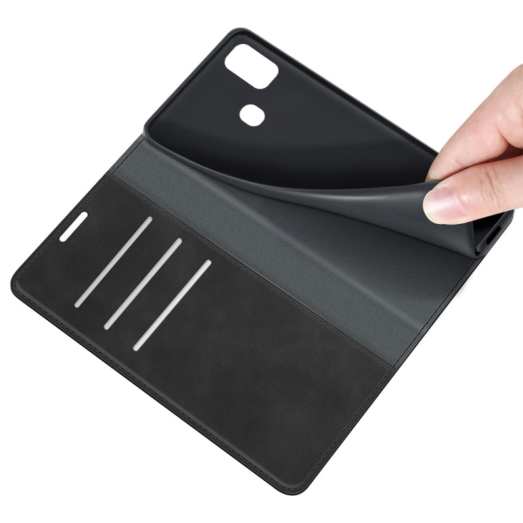 Black leather case interior with card slots and magnetic cover lifted by hand
