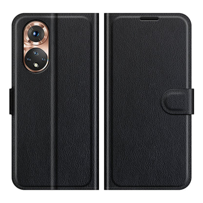 Black litchi-texture flip phone case with side wallet pocket for For Honor 50