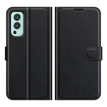 Black litchi-texture flip phone wallet case with hand strap and phone cutout