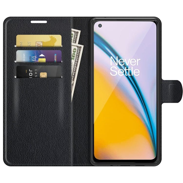 Black litchi-texture flip phone wallet case with built-in card holders and viewing stand