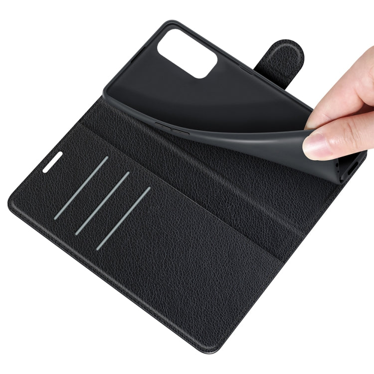 Black litchi-texture flip wallet case showing card slot pocket and camera cutout