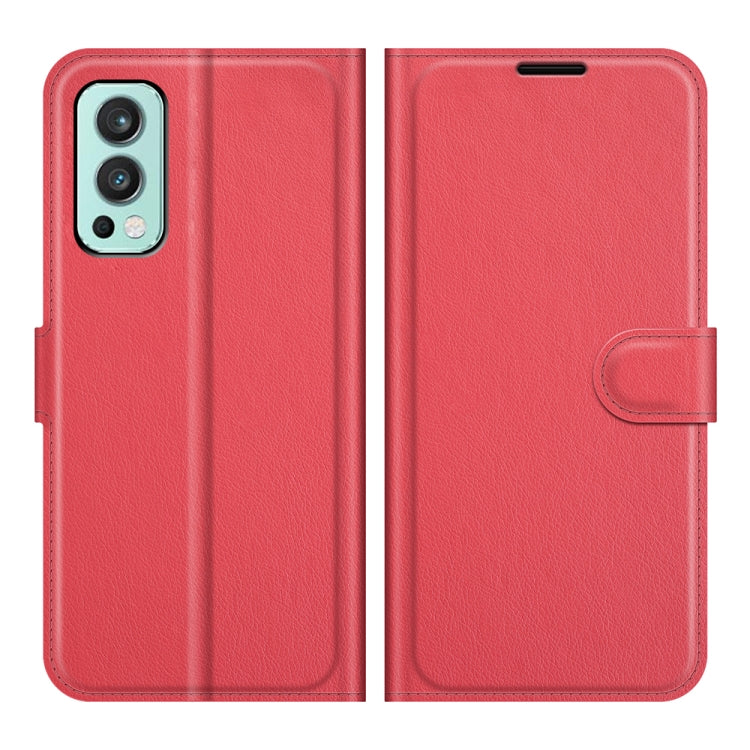 Red litchi-texture flip wallet phone case with side card pocket and flap