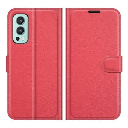 Red litchi-texture flip wallet phone case with side card pocket and flap