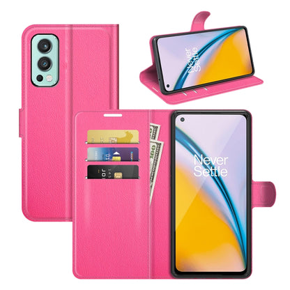 Bright pink litchi-texture flip phone case with card slots and magnetic holder.