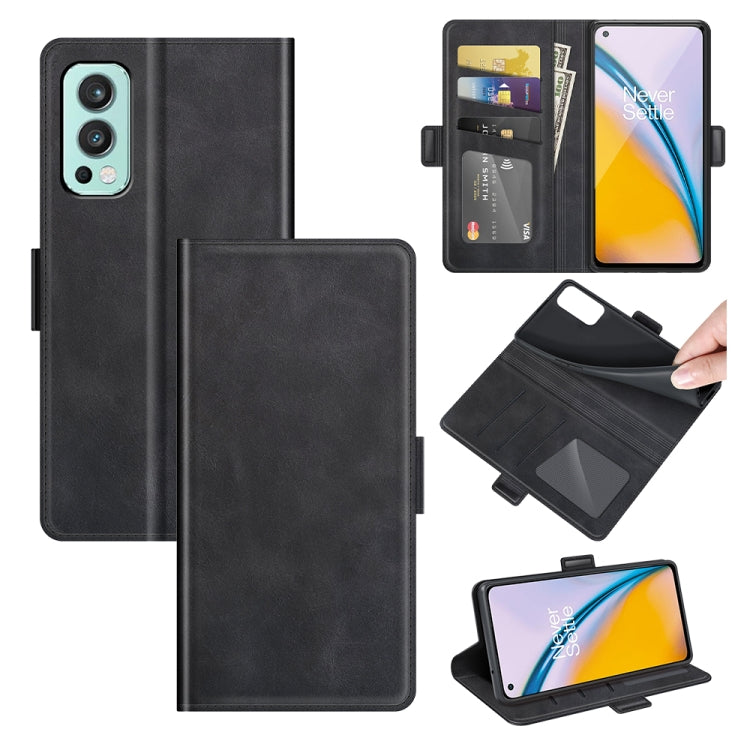 Black leather flip phone case with magnetic buckle, card slots, and wallet holder