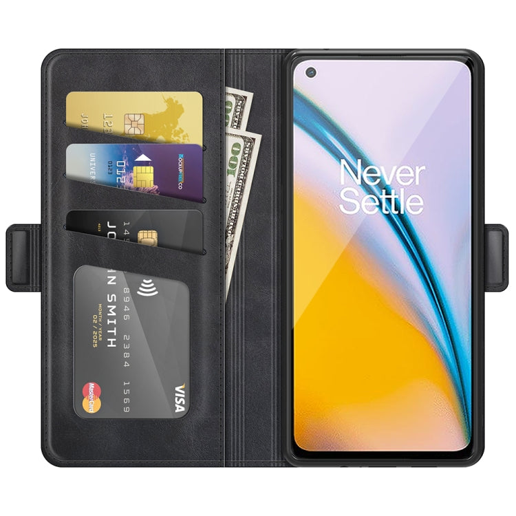 Black leather flip case with visible credit cards, card slots, and phone holder