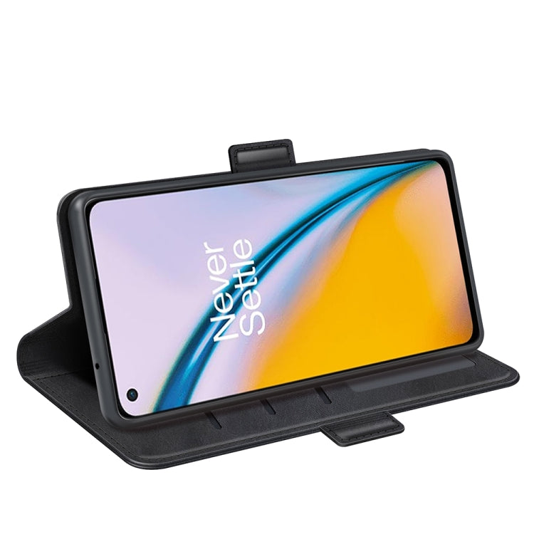 Black leather flip case with phone open, card holder panel, and magnetic side tab