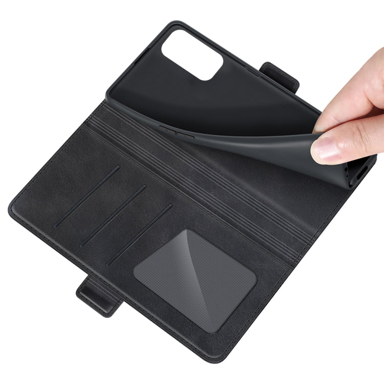 Black leather wallet case interior with card slots and a fold-out protective panel