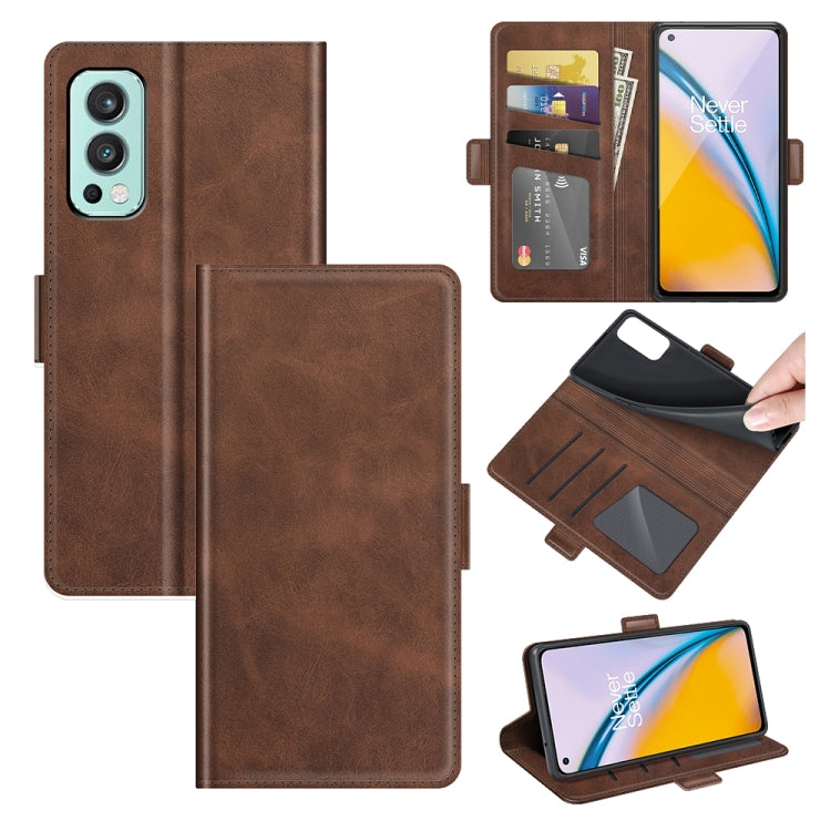 Brown leather flip phone case with magnetic buckle, card slots, and wallet holder