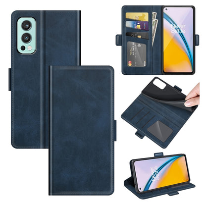 Dark blue leather flip phone case with magnetic buckle, card slots, and wallet holder