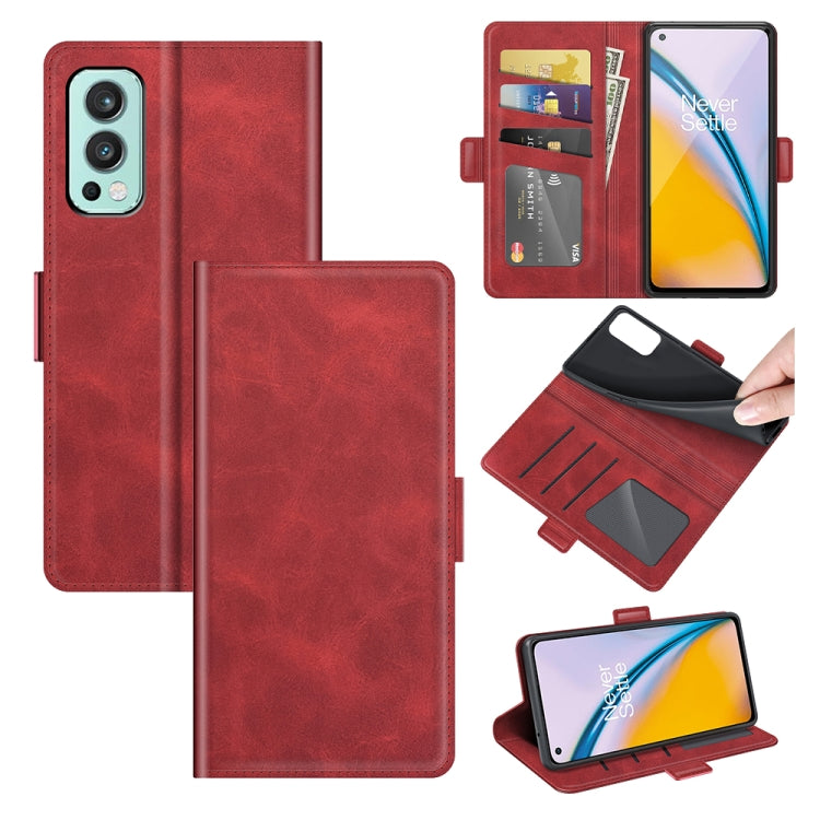 Red leather flip phone case with magnetic buckle, card slots, and wallet holder