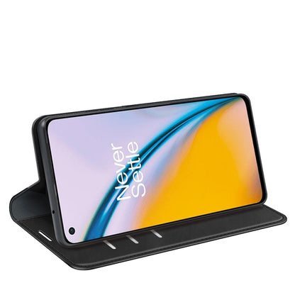 Black magnetic leather wallet case with fold-out stand and card slot front