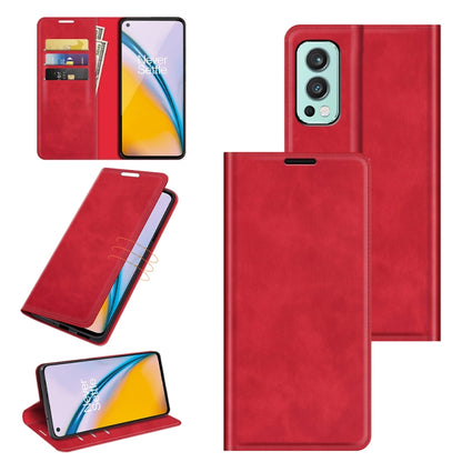 Red magnetic leather wallet phone case with card slots and foldable stand holder