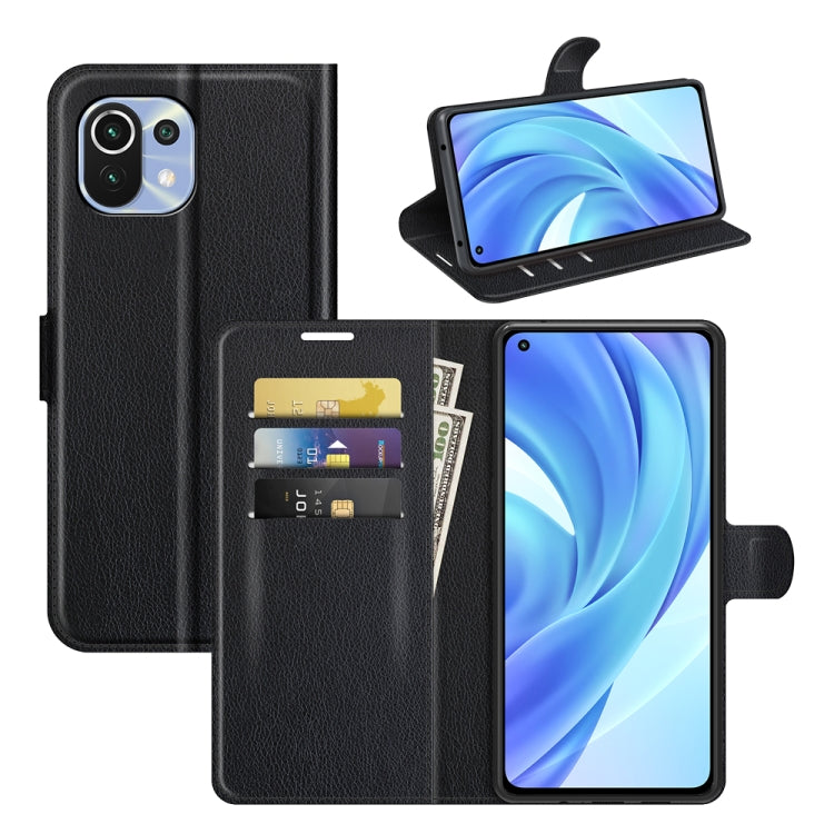 Xiaomi Mi 11 Lite flip protective wallet case, black textured finish with card slots